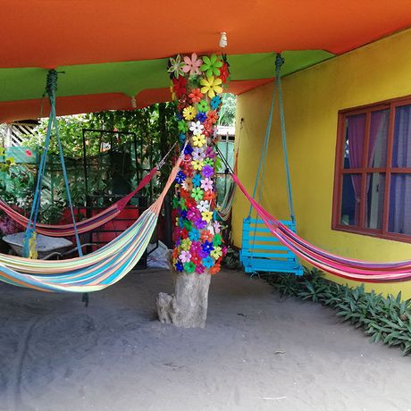 Sie blicken auf ein karibisch bunt dekorierten Innenhof mit Hängematten und bunter Schaukel 