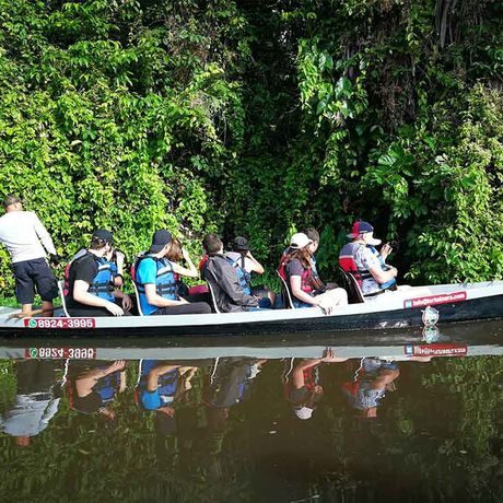Blick auf eine Ausflugsgruppe bei der Kanutour im Nationalpark Tortuguero