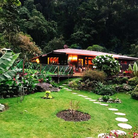 Blick auf die Gartenanlage der Bungalow Trogon Lodge